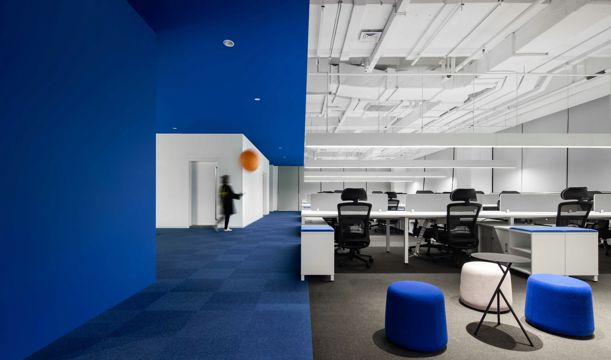Blue and white open-plan workplace interior